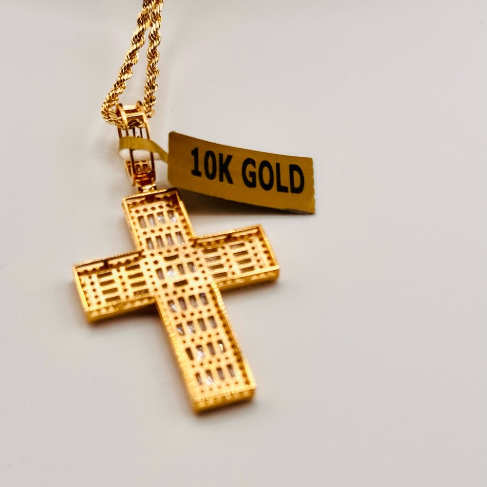 10k Solid Real Gold Cross Pendant, VVS sparkly baguette Swarovski Crystals Cross - Picture 7 of 10